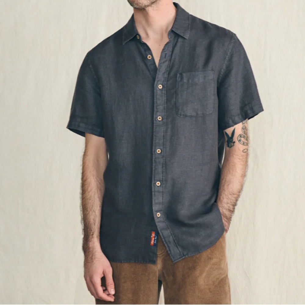 FAHERTY 100% Linen Palma Buttom Down Short Sleeve Shirt Black Dark Grey